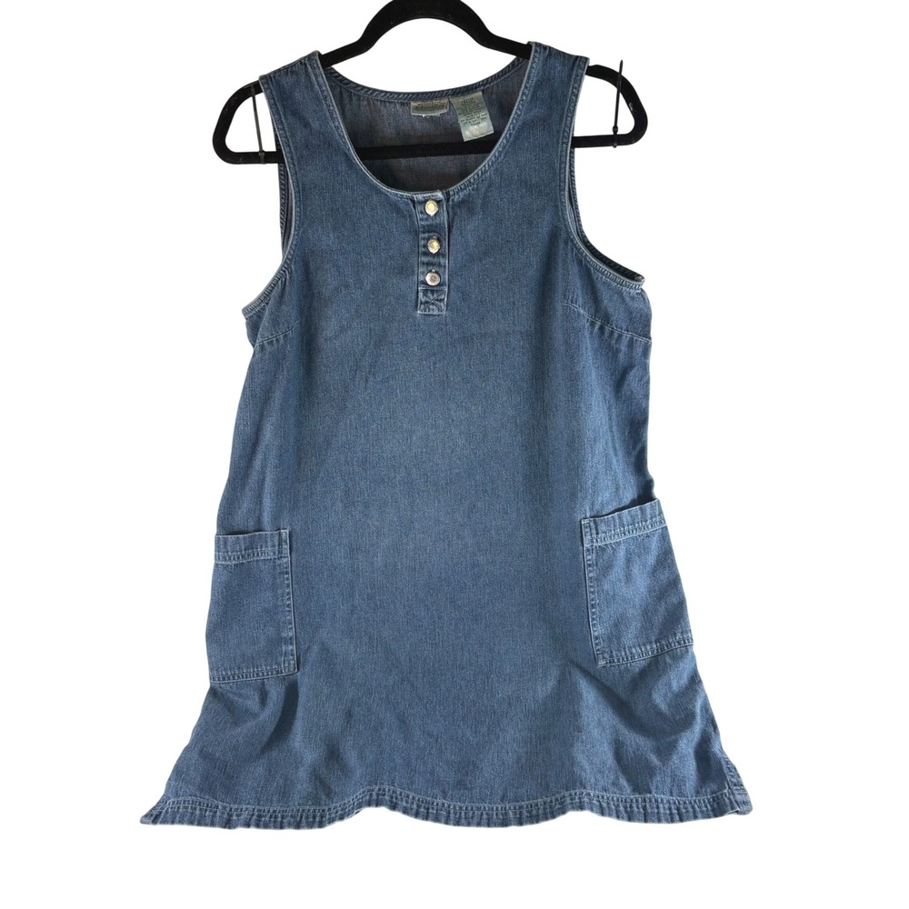 Vintage St Johns Bay Denim Jumper Dress Blue Petite Large Cotton Sleeveless 2636